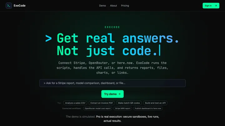 ExeCode chat interface running a sandboxed script and returning artifacts