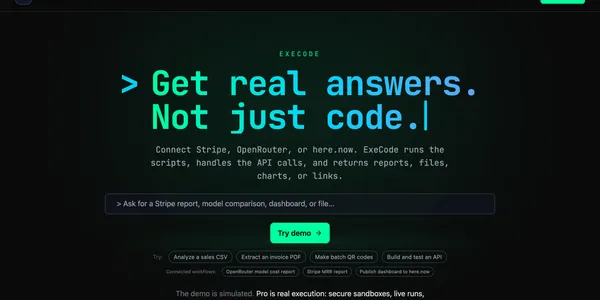 ExeCode chat interface running a sandboxed script and returning artifacts