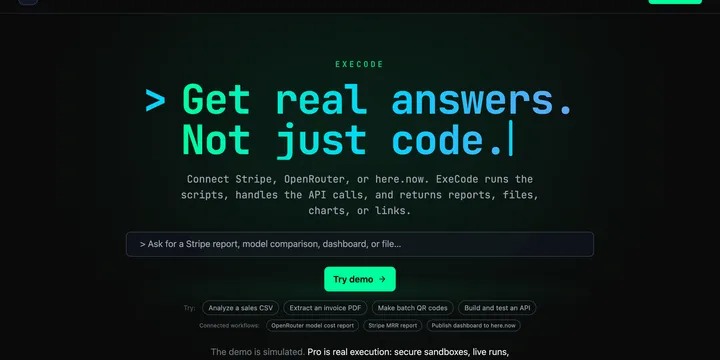 ExeCode chat interface running a sandboxed script and returning artifacts